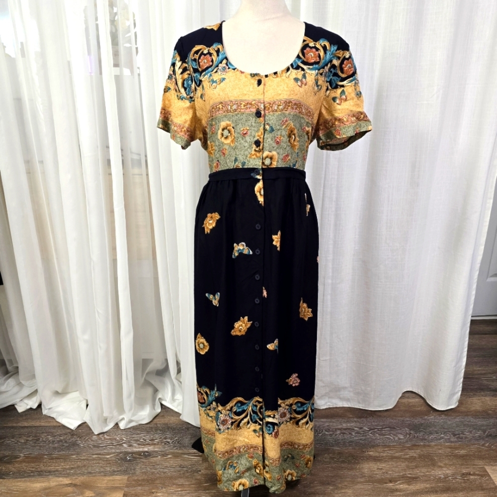 VTG Positive Attitude Navy & Yellow Floral Long Maxi Dress Size 14 Boho‎ Prairie